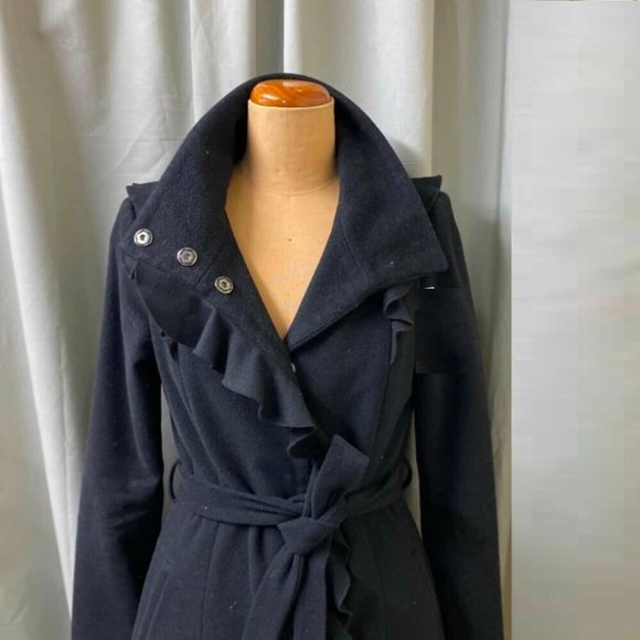 PORTMANS Wool blend Black Ruffle Belt Winter Coat - Picture 2 of 8